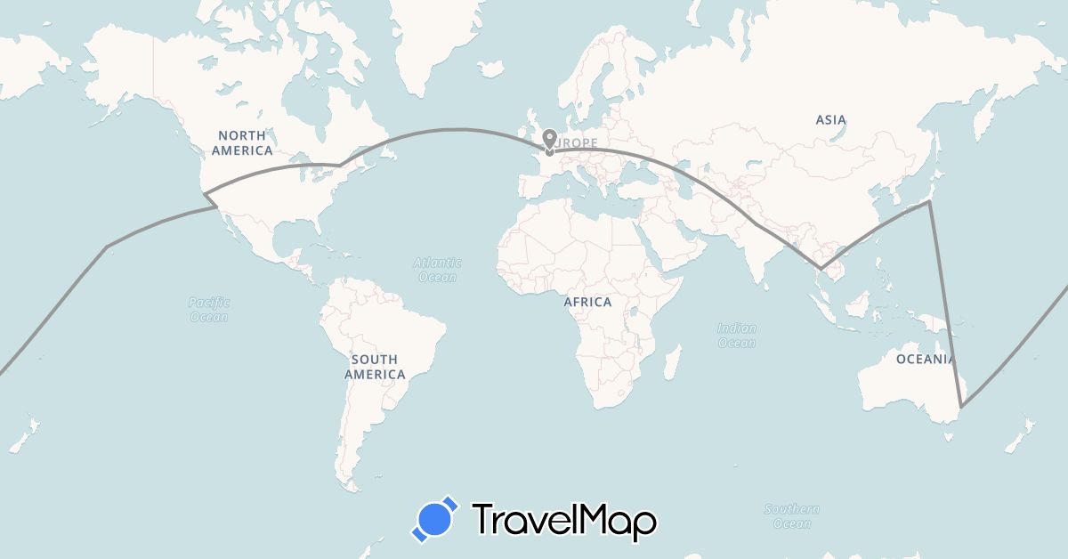 TravelMap itinerary: driving, plane in Australia, Canada, France, India, Japan, Thailand, United States (Asia, Europe, North America, Oceania)